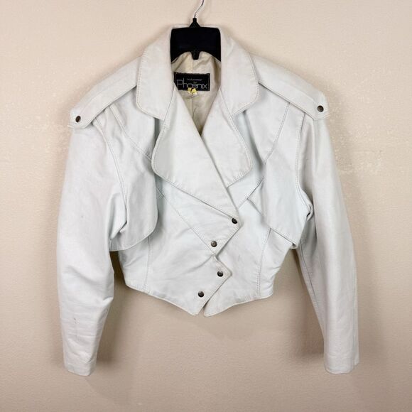 Vintage 80s White Leather Moto Jacket Coat Cropped Size Medium - Picture 2 of 12